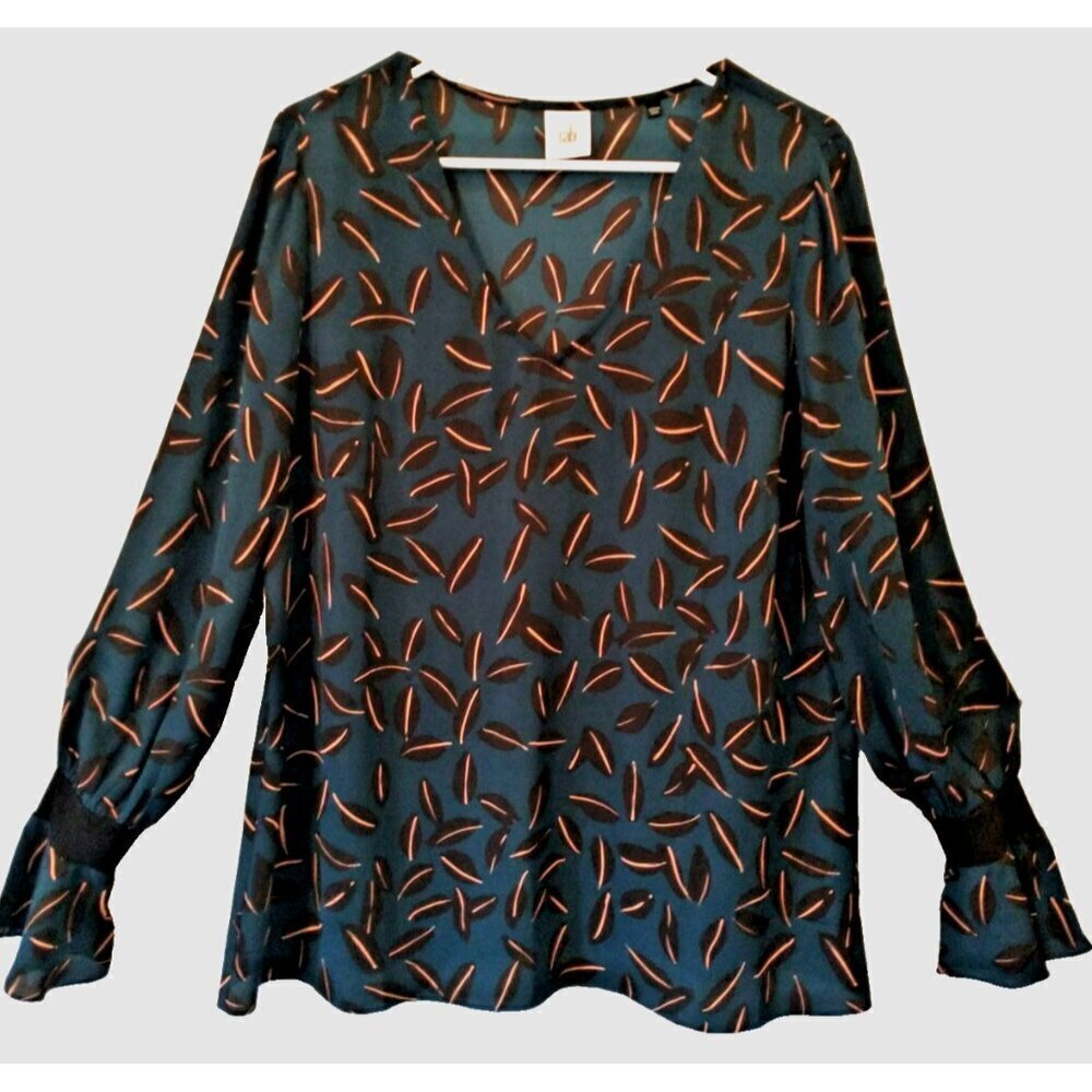 CABI Shadow Leaf Blouse Top Long Flared Sleeve Dark Teal V-Neck - Large